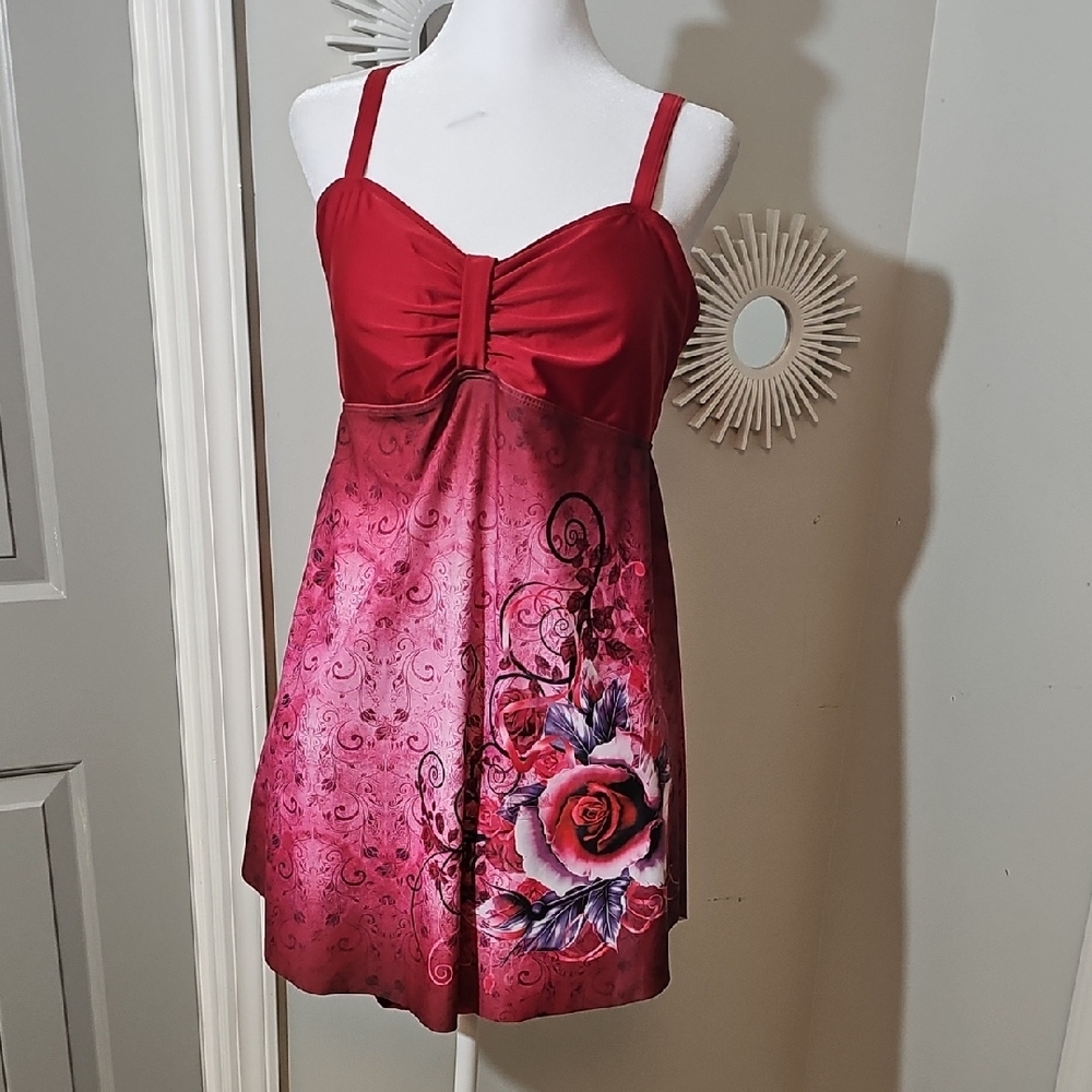 Red Floral Rose Design Tankini with Matching Bottoms